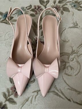 Patent Pointed-Toe Slingback Mules with Bow - Blush Pink